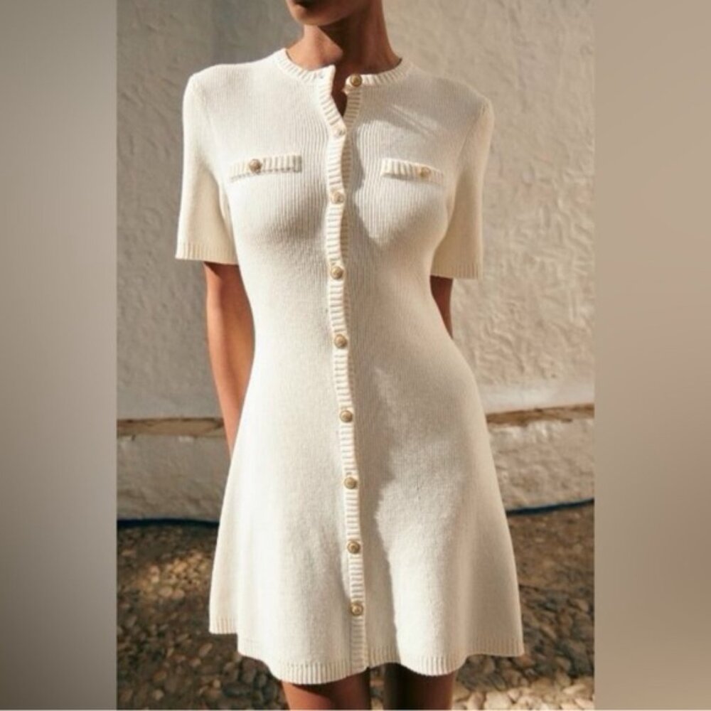 H&M Rib Knit Cream Dress Gold Button Old Money Style - XS